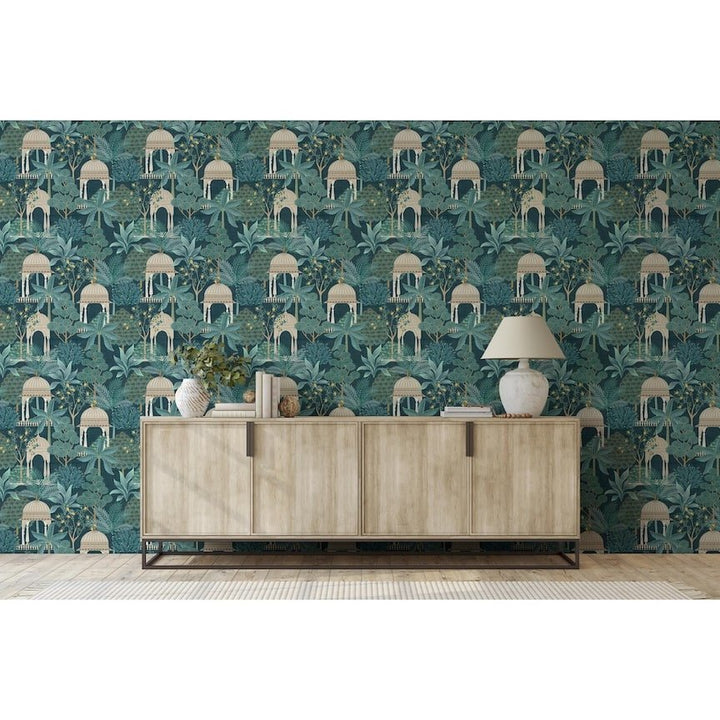  - Esselle Exotic Pavilion Navy Wallpaper - 100014EH - Decor Warehouse