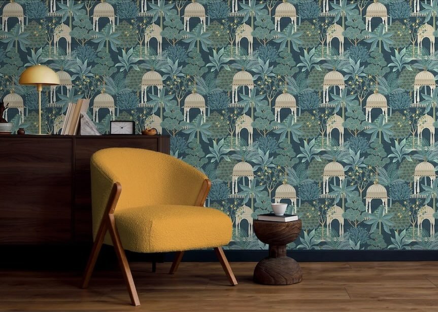  - Esselle Exotic Pavilion Navy Wallpaper - 100014EH - Decor Warehouse