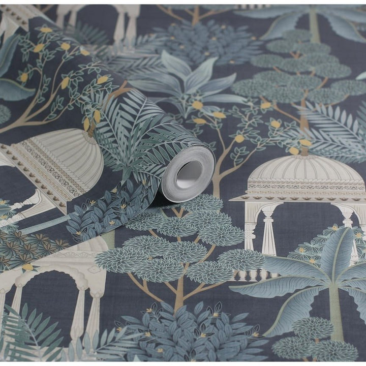  - Esselle Exotic Pavilion Navy Wallpaper - 100014EH - Decor Warehouse