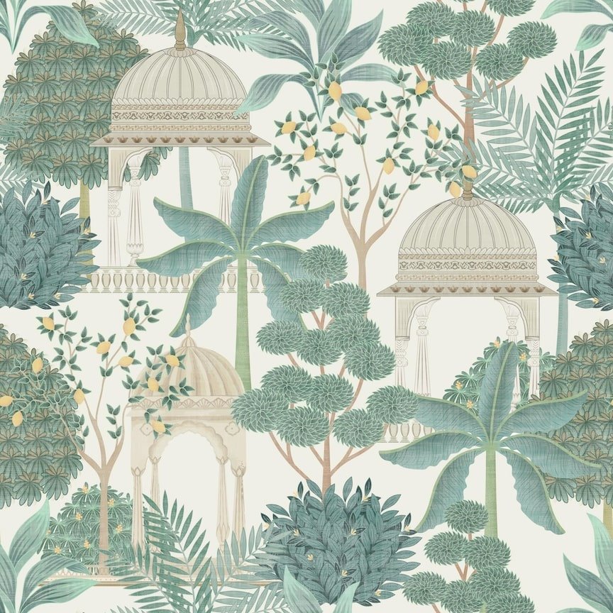  - Esselle Exotic Pavilion Parchment/Green Wallpaper - 100015EH - Decor Warehouse