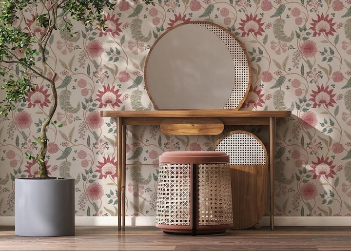 Esselle Fable Trail Linen/Raspberry/Green Wallpaper - 100016EH