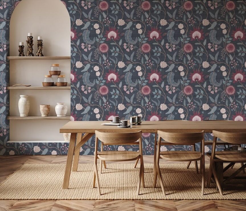  - Esselle Fable Trail Navy/Berry Wallpaper - 100017EH - Decor Warehouse