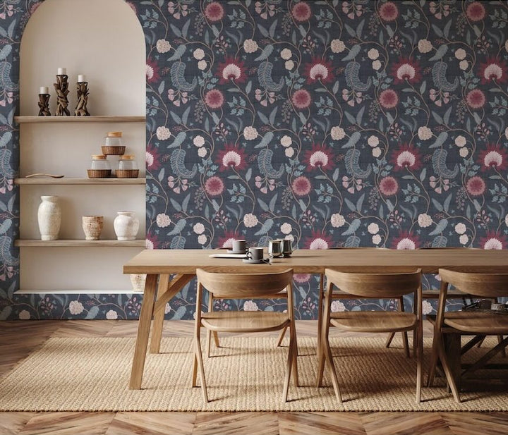  - Esselle Fable Trail Navy/Berry Wallpaper - 100017EH - Decor Warehouse