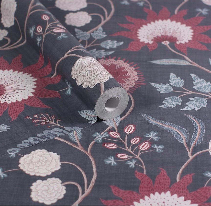  - Esselle Fable Trail Navy/Berry Wallpaper - 100017EH - Decor Warehouse