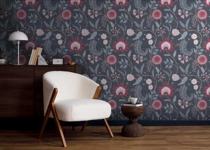  - Esselle Fable Trail Navy/Berry Wallpaper - 100017EH - Decor Warehouse