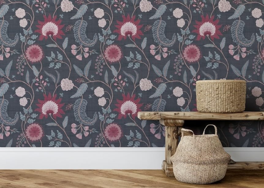  - Esselle Fable Trail Navy/Berry Wallpaper - 100017EH - Decor Warehouse