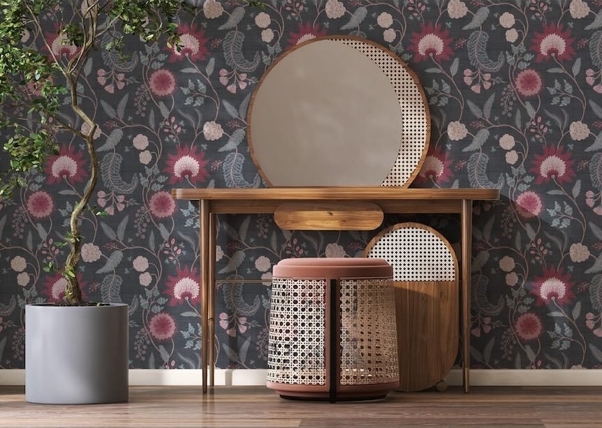  - Esselle Fable Trail Navy/Berry Wallpaper - 100017EH - Decor Warehouse