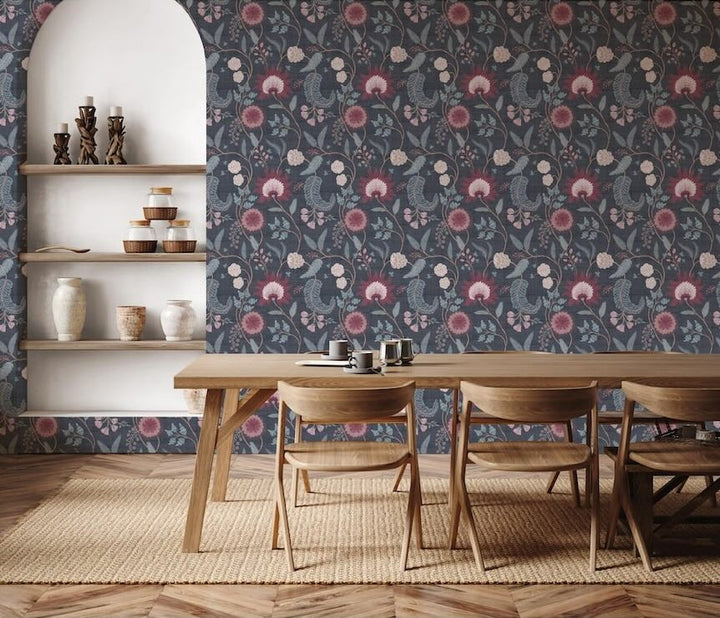  - Esselle Fable Trail Navy/Berry Wallpaper - 100017EH - Decor Warehouse