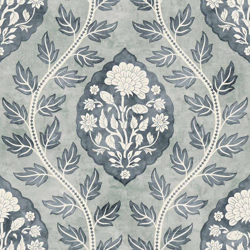  - Esselle Floral Cartouche Slate Blue Wallpaper - 100019EH - Decor Warehouse