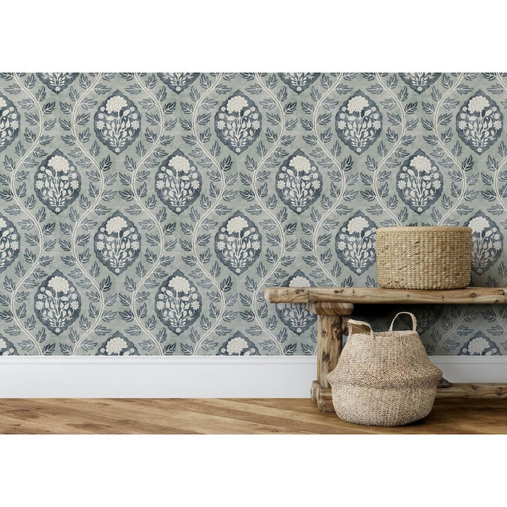  - Esselle Floral Cartouche Slate Blue Wallpaper - 100019EH - Decor Warehouse
