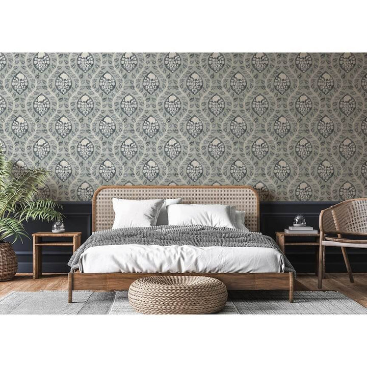  - Esselle Floral Cartouche Slate Blue Wallpaper - 100019EH - Decor Warehouse