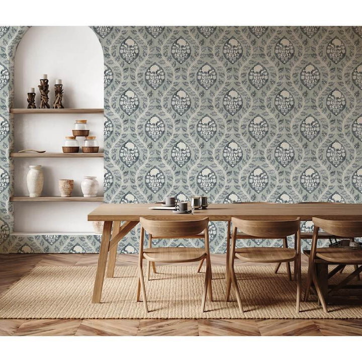  - Esselle Floral Cartouche Slate Blue Wallpaper - 100019EH - Decor Warehouse