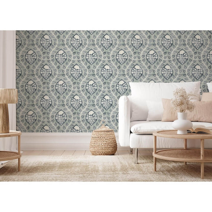  - Esselle Floral Cartouche Slate Blue Wallpaper - 100019EH - Decor Warehouse