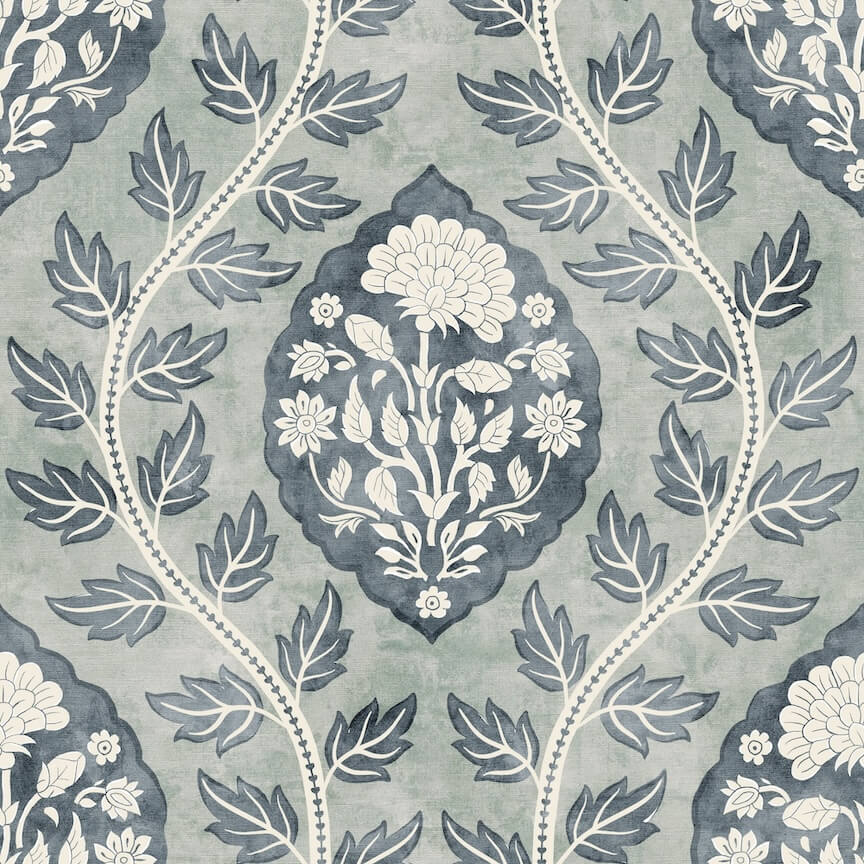 - Esselle Floral Cartouche Slate Blue Wallpaper - 100019EH - Decor Warehouse