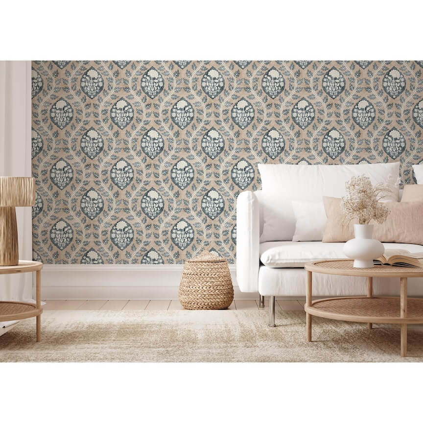  - Esselle Floral Cartouche Stone Blue Wallpaper - 100020EH - Decor Warehouse