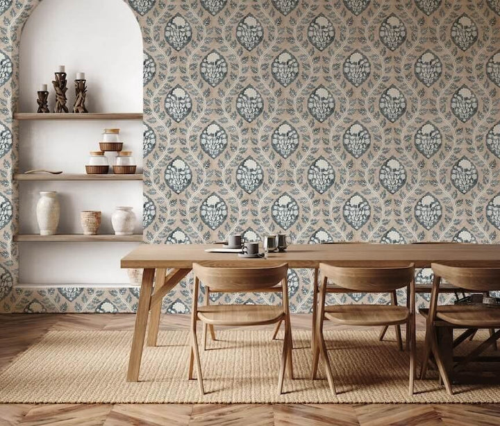  - Esselle Floral Cartouche Stone Blue Wallpaper - 100020EH - Decor Warehouse