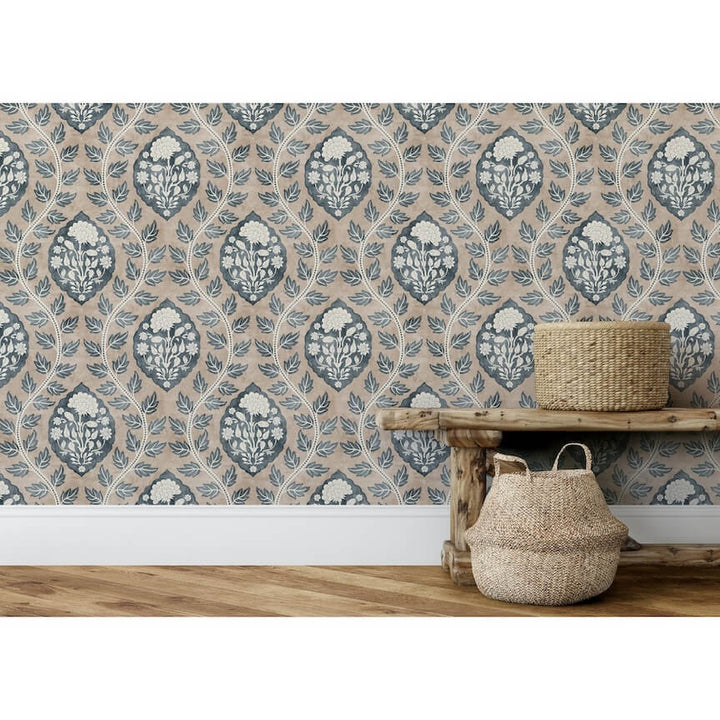  - Esselle Floral Cartouche Stone Blue Wallpaper - 100020EH - Decor Warehouse