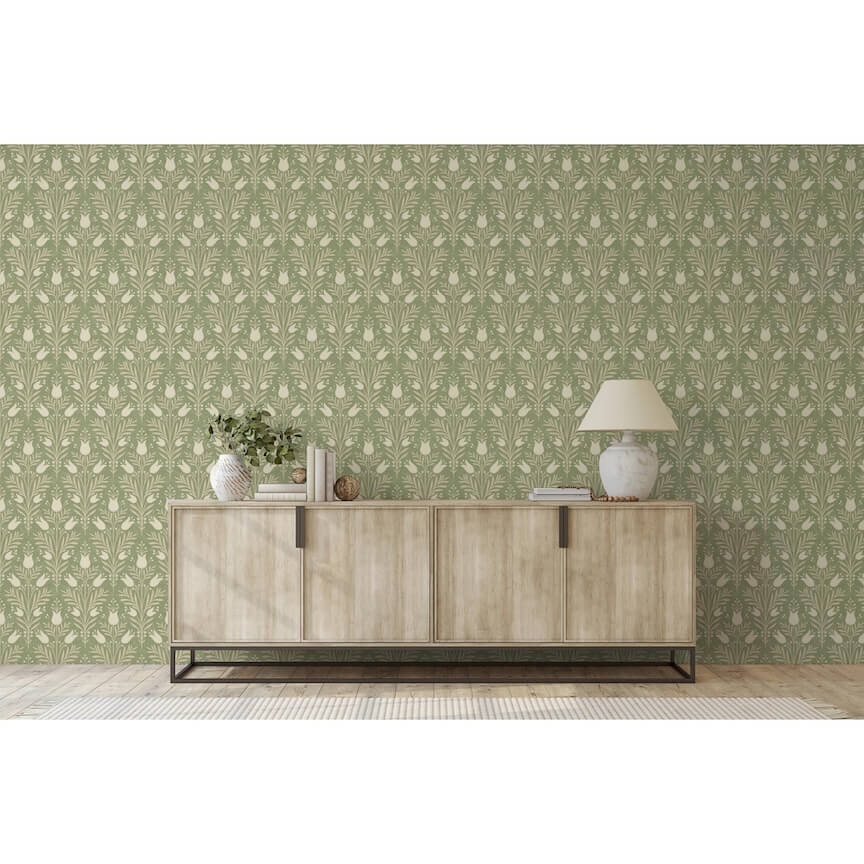 - Esselle Heritage Tulip Spring Green Wallpaper - 100026EH - Decor Warehouse
