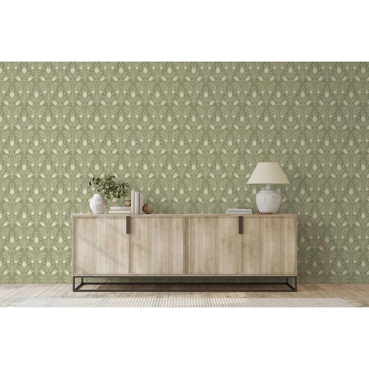 - Esselle Heritage Tulip Spring Green Wallpaper - 100026EH - Decor Warehouse