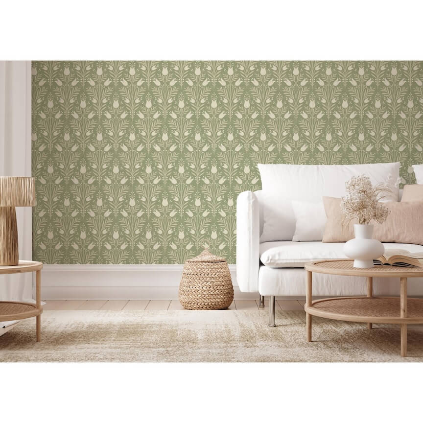 - Esselle Heritage Tulip Spring Green Wallpaper - 100026EH - Decor Warehouse