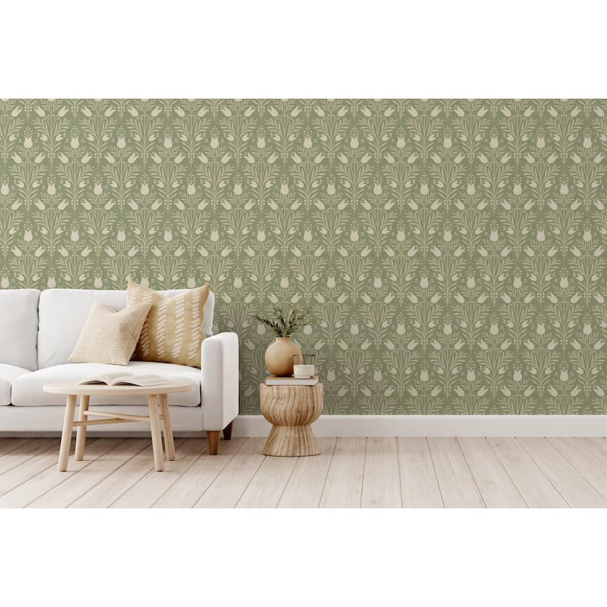 - Esselle Heritage Tulip Spring Green Wallpaper - 100026EH - Decor Warehouse