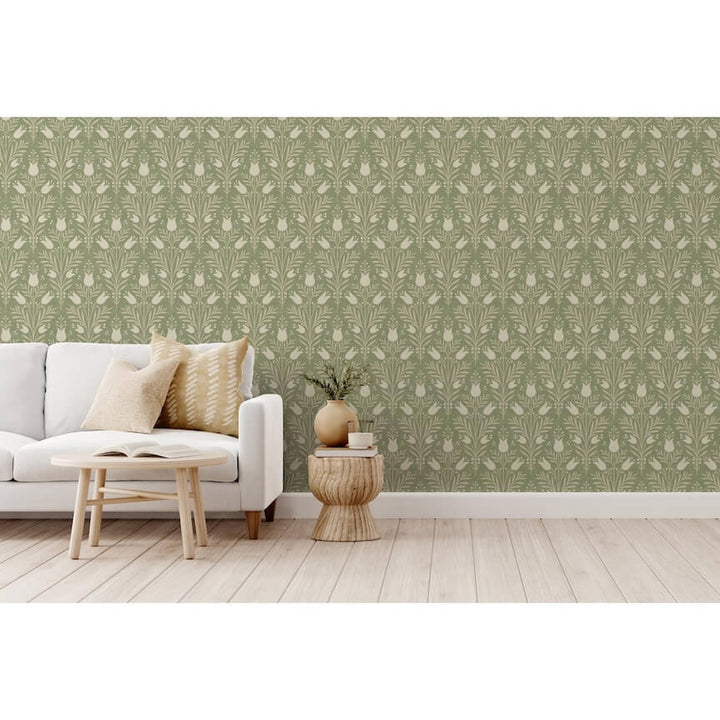 - Esselle Heritage Tulip Spring Green Wallpaper - 100026EH - Decor Warehouse