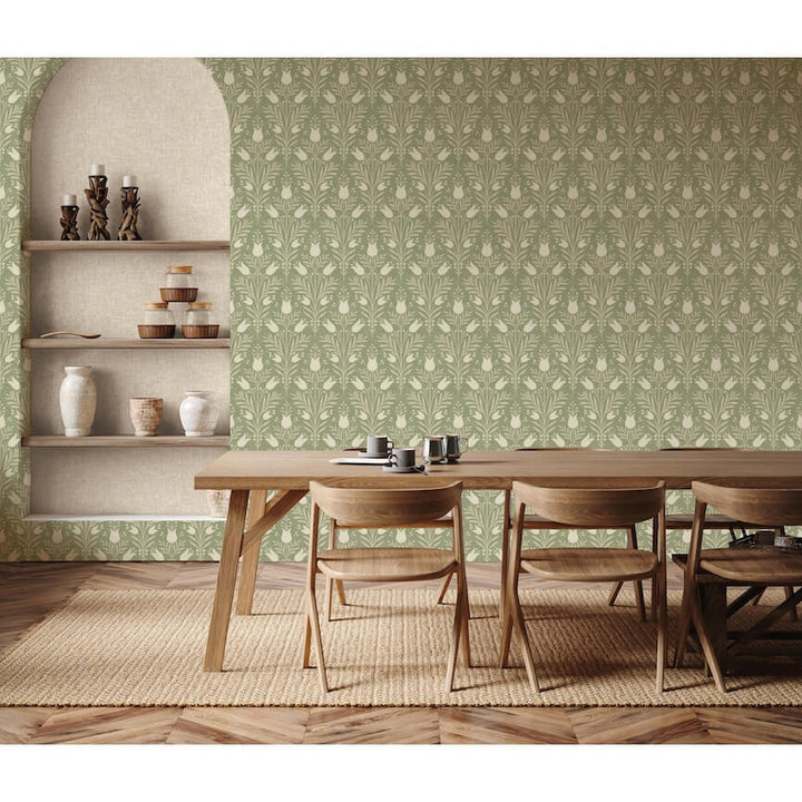 - Esselle Heritage Tulip Spring Green Wallpaper - 100026EH - Decor Warehouse