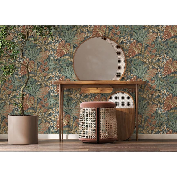  - Esselle Kirra Leaf Navy/Spice Wallpaper - 100032EH - Decor Warehouse