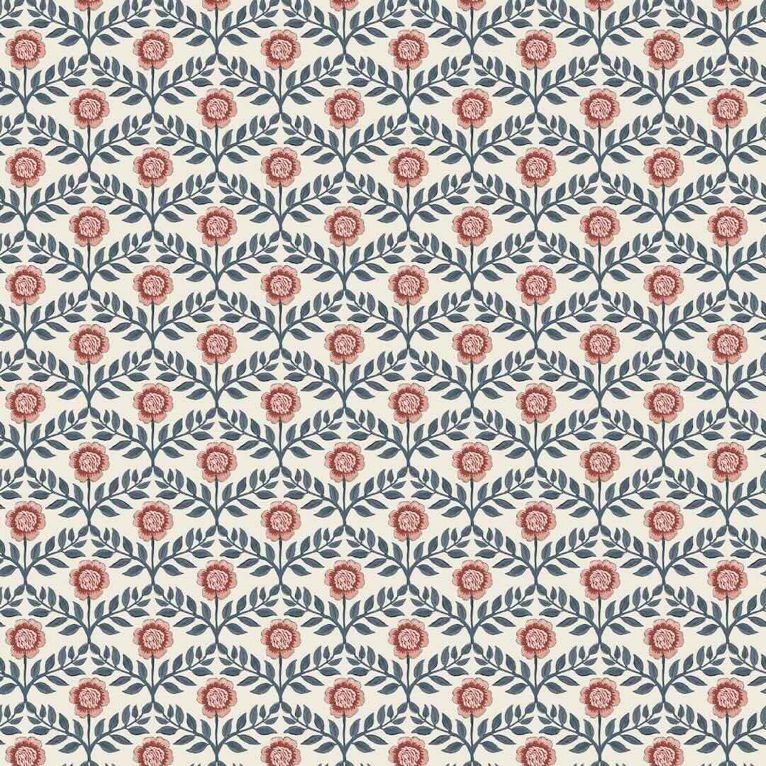 128956 - Joules - Joules Stately Floral Print Cream & Blue Wallpaper - Decor Warehouse