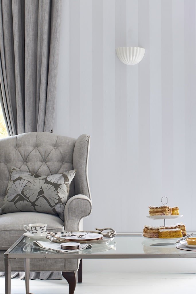  - Laura Ashley Lille Pearlescent Stripe Silver Wallpaper - 113338 - Decor Warehouse