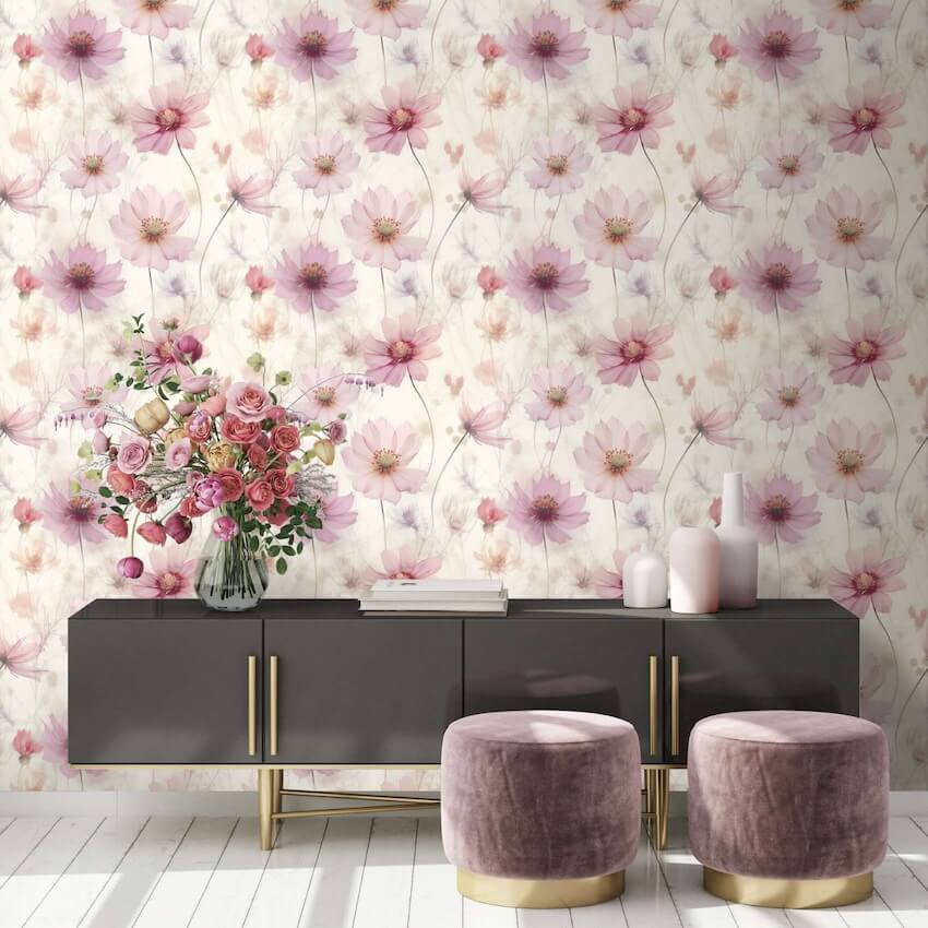  - Muriva Lissa Flower Pink Metallic Wallpaper - 215501 - Decor Warehouse