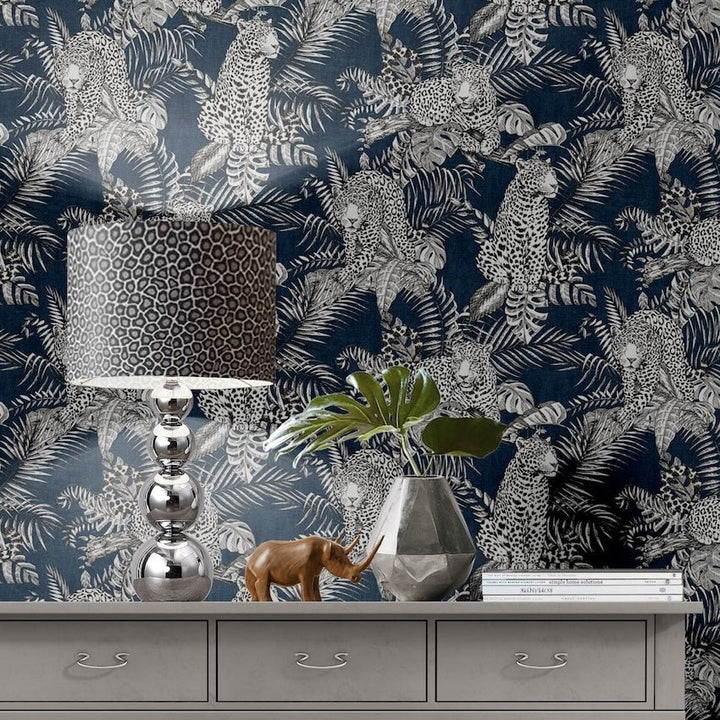  - Muriva Mamboa Leopard Blue Wallpaper - 173523 - Decor Warehouse