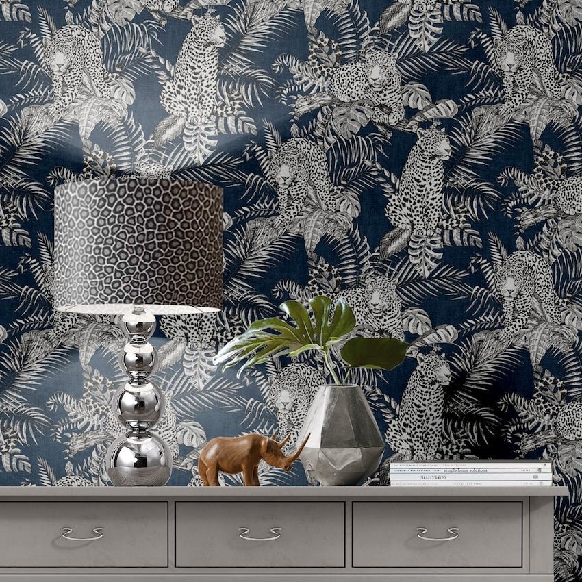  - Muriva Mamboa Leopard Blue Wallpaper - 173523 - Decor Warehouse