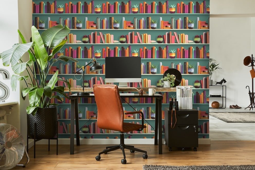 - Muriva Modern Library Turquoise Wallpaper - M79504 - Decor Warehouse