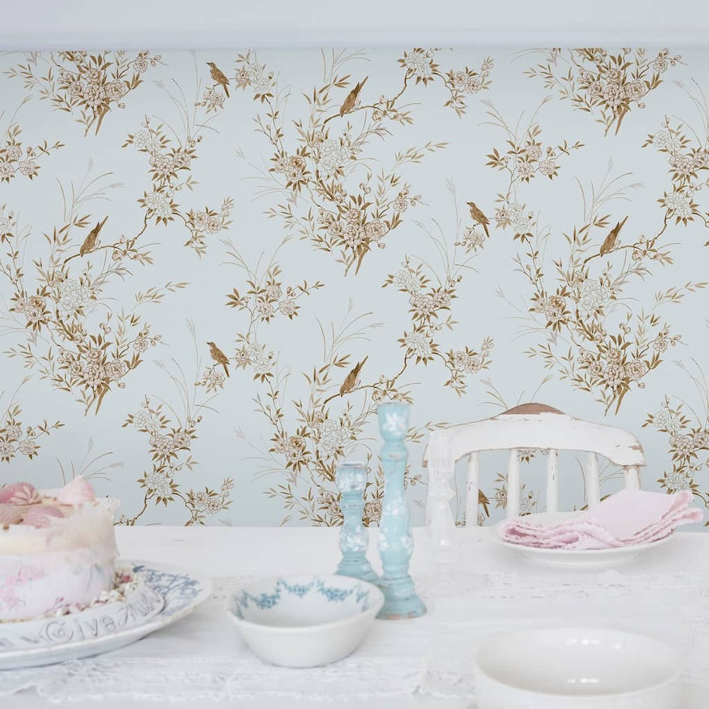  - Shabby Chic by Rachel Ashwell Bird Chinoiserie Blue Gold Wallpaper - 125121 - Decor Warehouse
