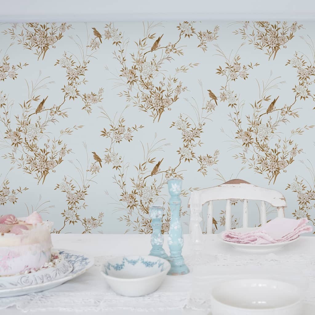- Shabby Chic by Rachel Ashwell Bird Chinoiserie Blue Gold Wallpaper - 125121 - Decor Warehouse