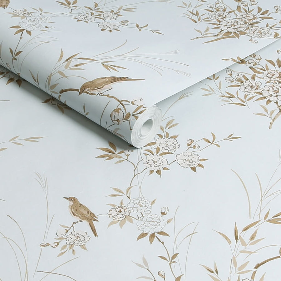  - Shabby Chic by Rachel Ashwell Bird Chinoiserie Blue Gold Wallpaper - 125121 - Decor Warehouse