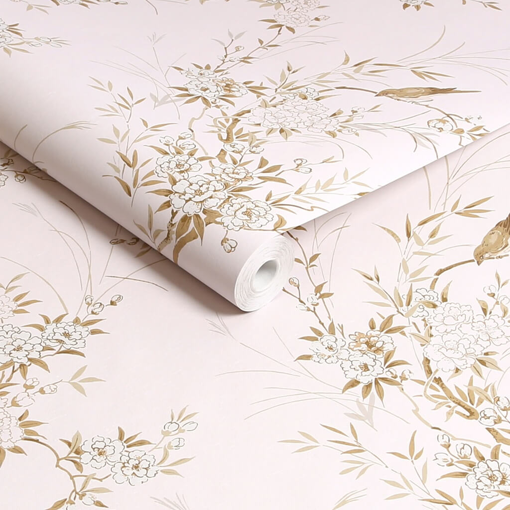 - Shabby Chic by Rachel Ashwell Bird Chinoiserie Pink Gold Wallpaper - 125122 - Decor Warehouse
