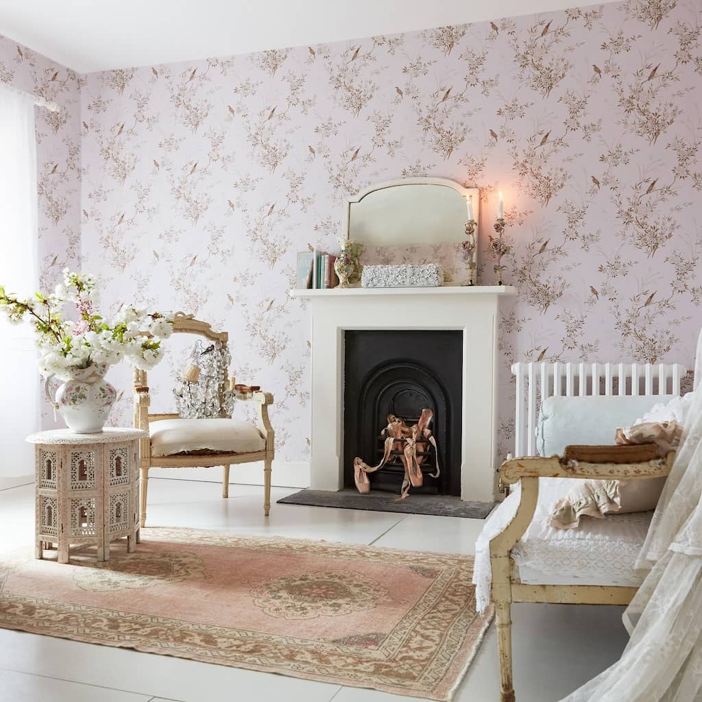- Shabby Chic by Rachel Ashwell Bird Chinoiserie Pink Gold Wallpaper - 125122 - Decor Warehouse