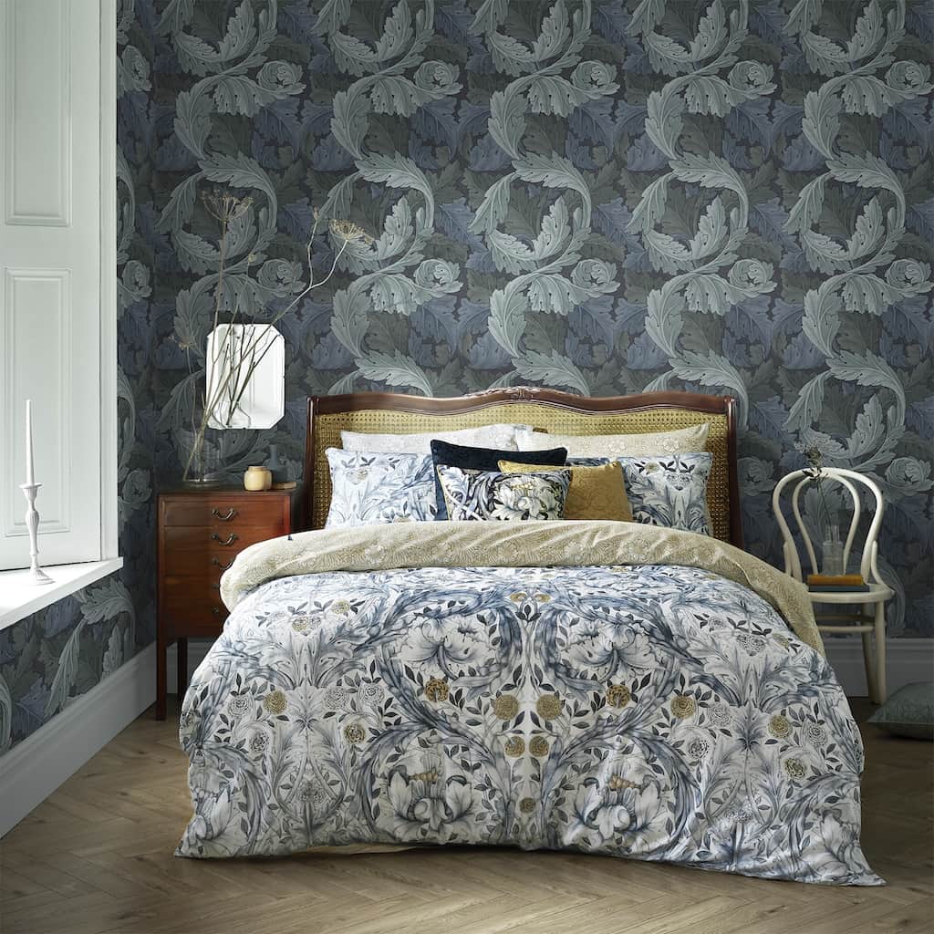 William Morris At Home Acanthus Blue Wallpaper in a Bedroom - 124225 - Decor Warehouse