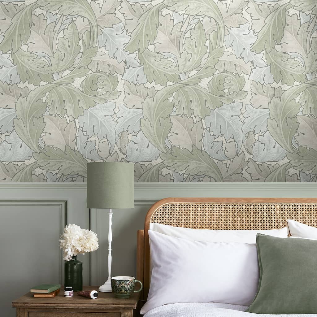 William Morris At Home Acanthus Sage & Duck Egg Wallpaper bedroom room setting - Decor Warehouse