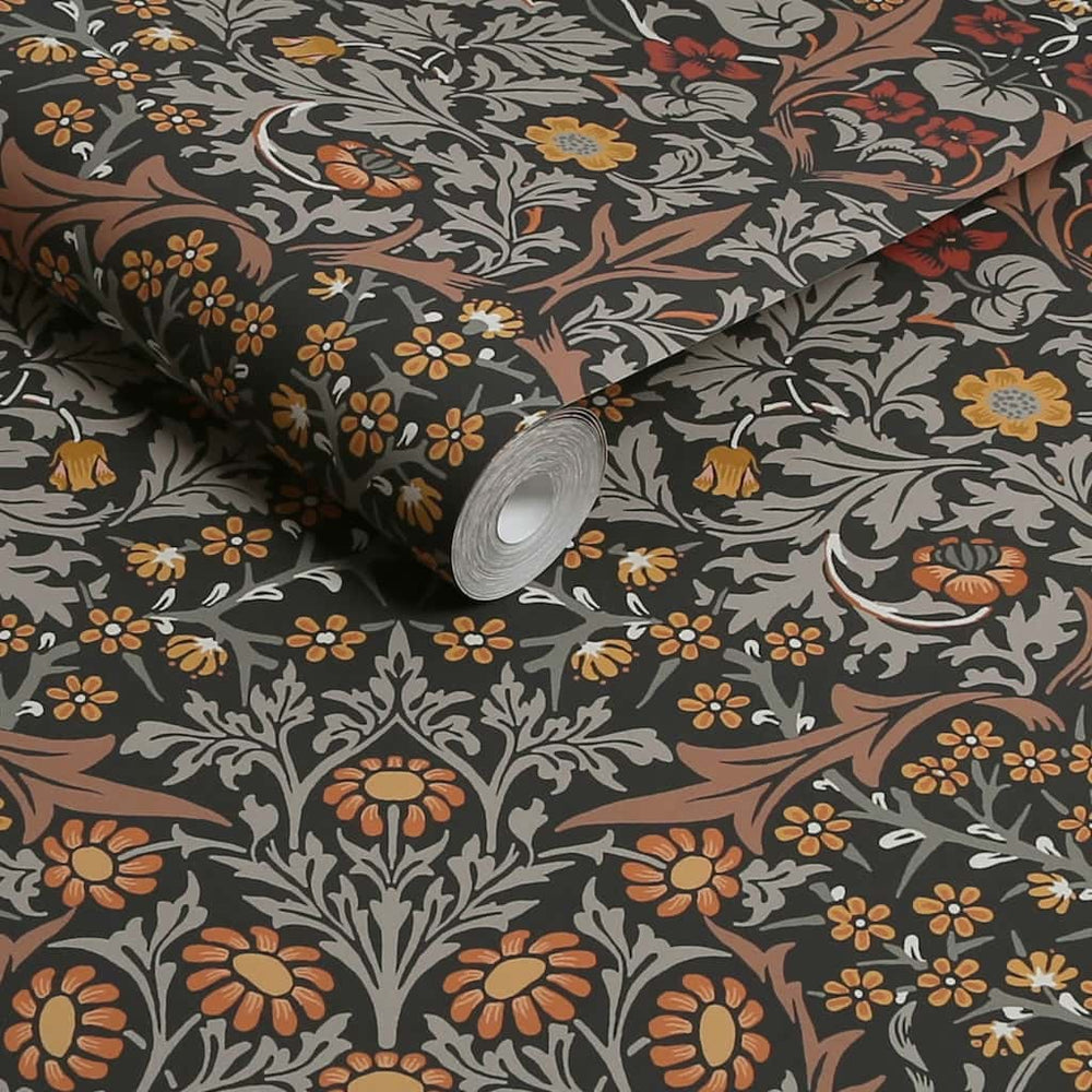 124250 - William Morris Wallpaper - William Morris At Home Blackthorn Charcoal & Burnt Orange Wallpaper - Decor Warehouse