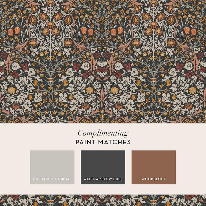 124250 - William Morris Wallpaper - William Morris At Home Blackthorn Charcoal & Burnt Orange Wallpaper - Decor Warehouse