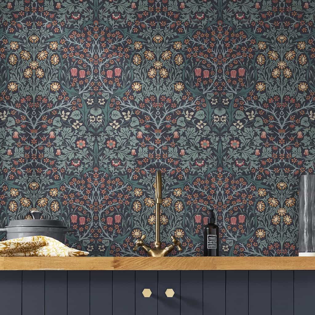 William Morris At Home Blackthorn Navy Wallpaper decorated in a kitchen