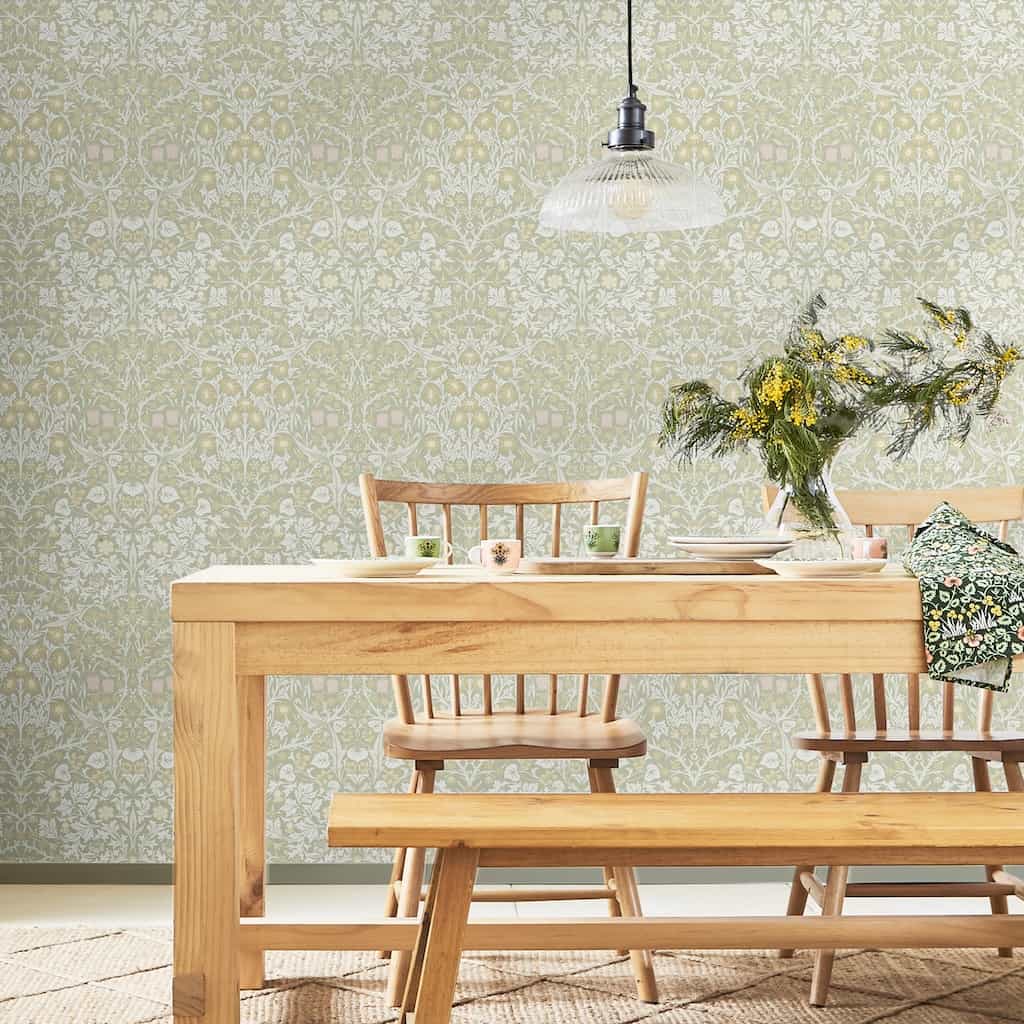William Morris At Home Blackthorn Sage Wallpaper decorated in a kitchen