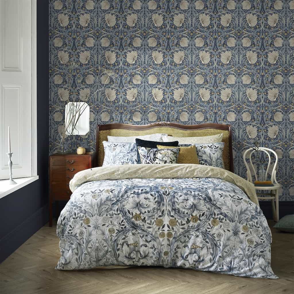 William Morris At Home Pimpernel Blue Wallpaper decorated in a Bedroom