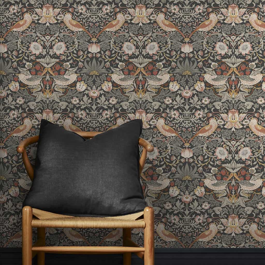 William Morris At Home Strawberry Thief Charcoal Wallpaper Hallway roomset - 124230