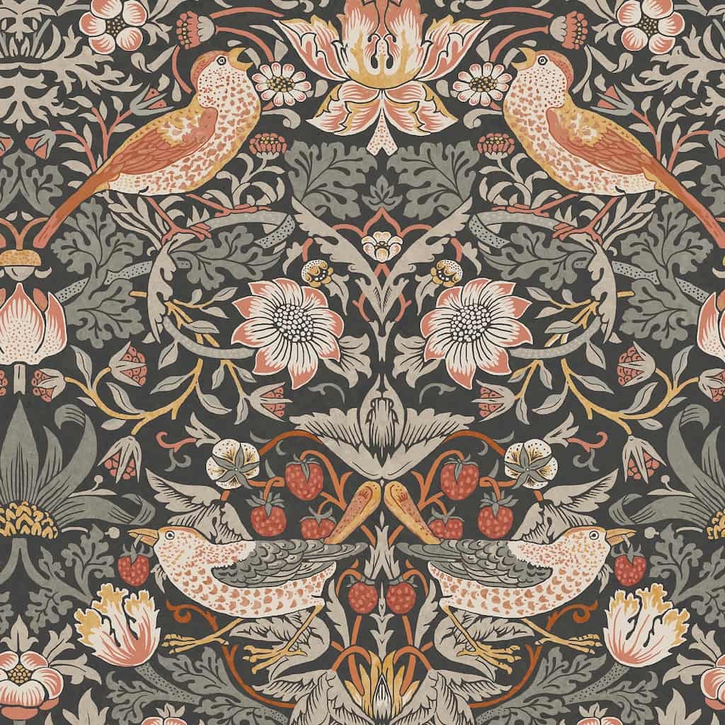 William Morris At Home Strawberry Thief Charcoal Wallpaper CAD image