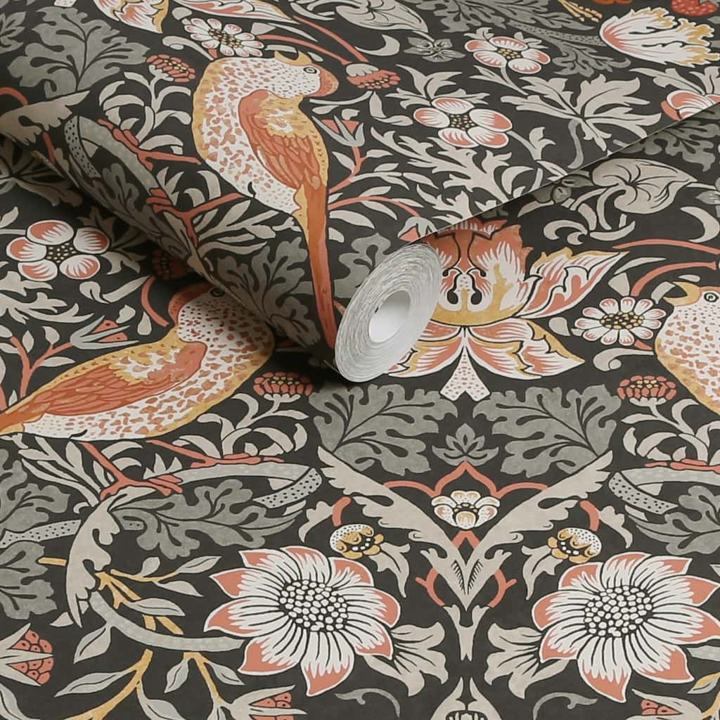 William Morris At Home Strawberry Thief Charcoal Wallpaper Roll - 124230 - Decor Warehouse