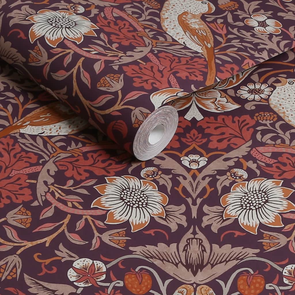 - William Morris At Home Strawberry Thief Plum Wallpaper - 124229 - Decor Warehouse